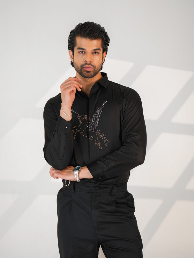 Midnight Horse Embellished Black Premium Formal Shirt
