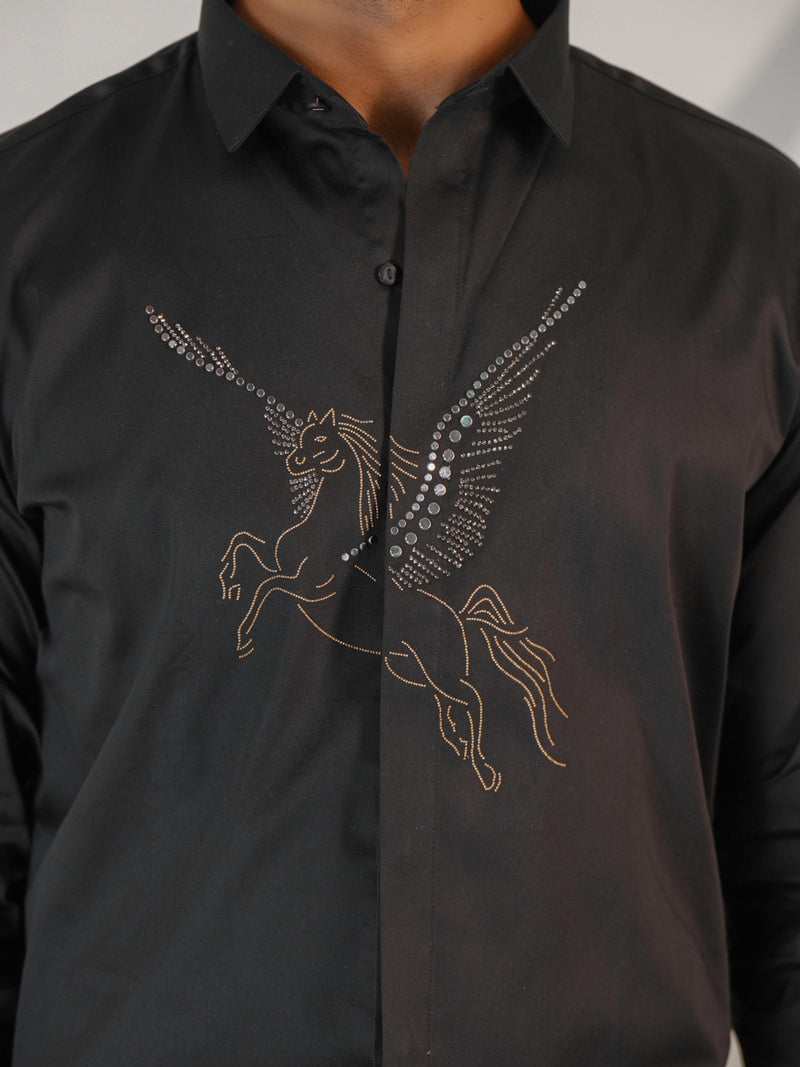 Midnight Horse Embellished Black Premium Formal Shirt