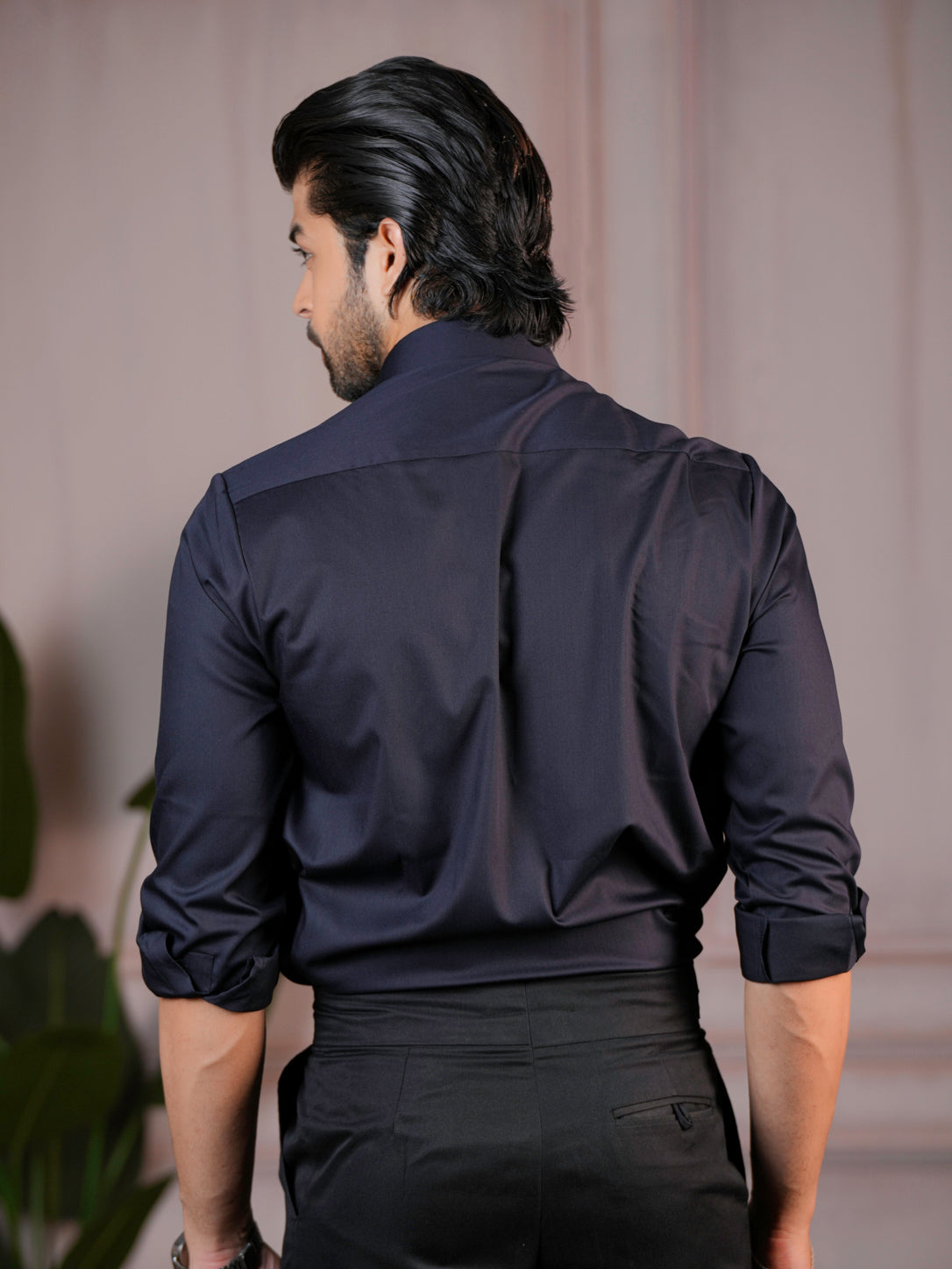 Cotton-Satin Blended Ink Blue Shirt