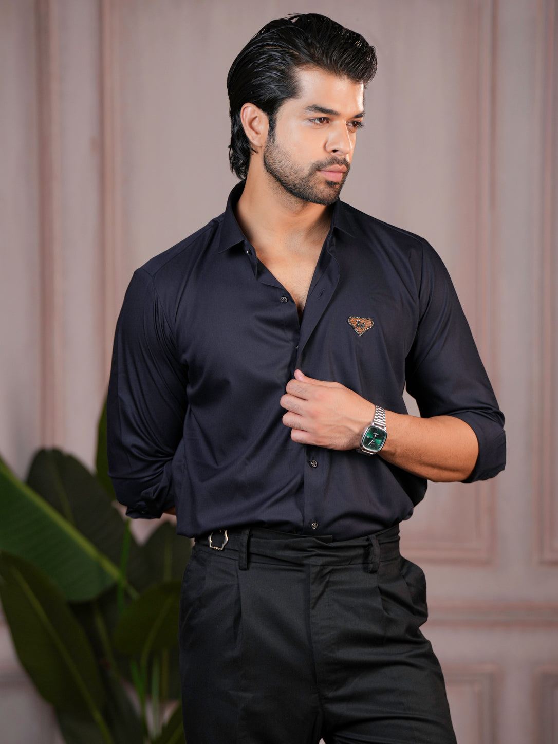 Cotton-Satin Blended Ink Blue Shirt
