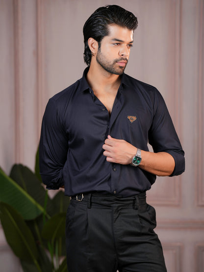 Cotton-Satin Blended Ink Blue Shirt