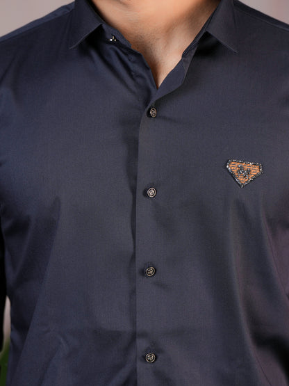Cotton-Satin Blended Ink Blue Shirt